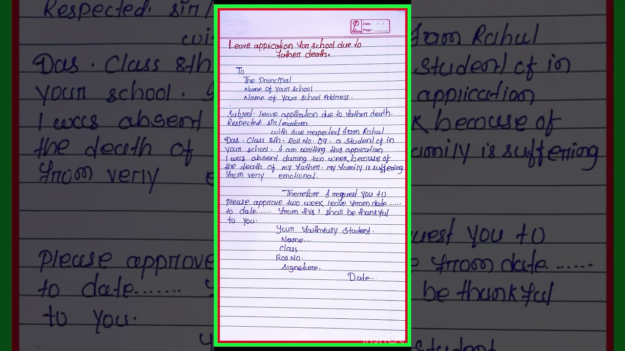 Leave application for school due to father death / father death school leave application in English