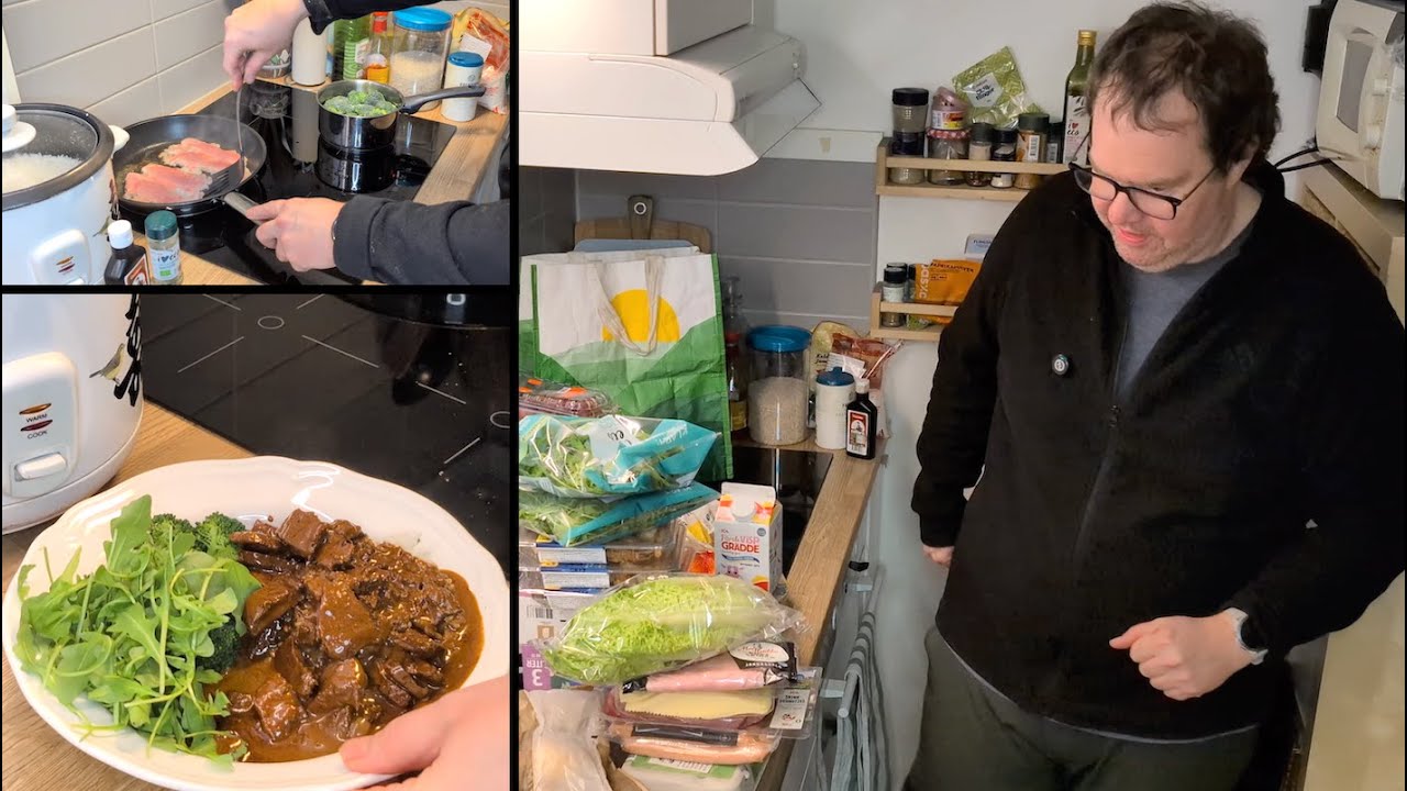 Jag lagar gräddstuvad skinkschnitzel efter att jag handlat mat