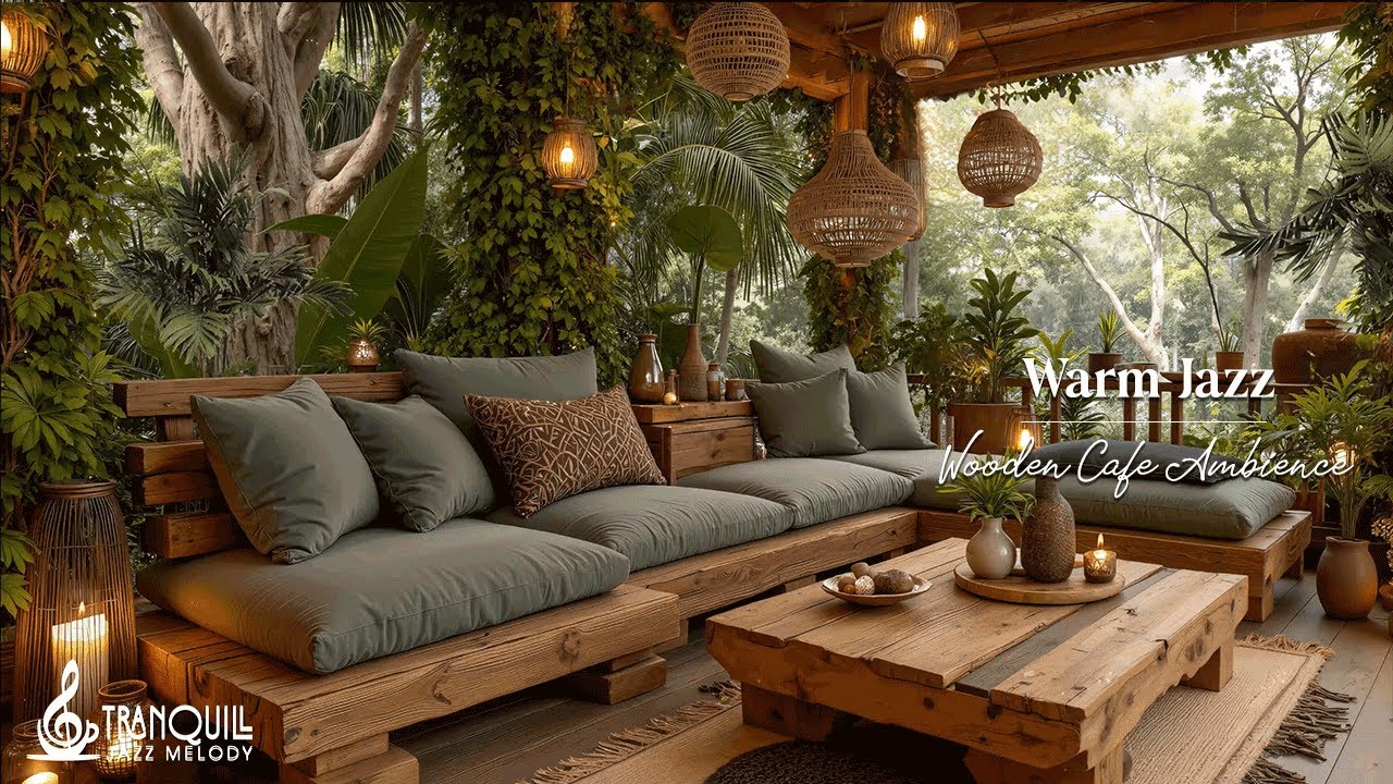 Warm Wooden Forest Porch Jazz | Relaxing Forest Coffee Shop Ambience with Soft Jazz for Relaxations