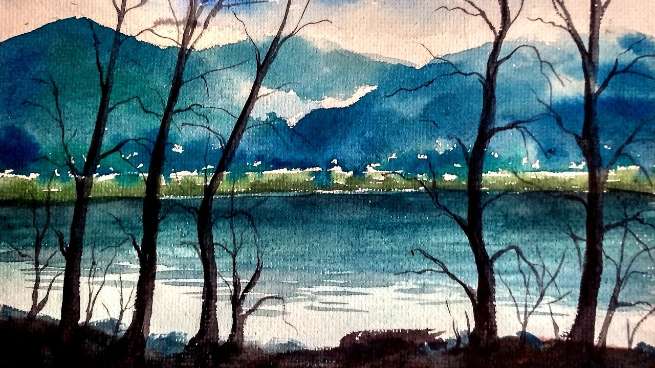 Watercolor Painting landscape : Trees Silhouetted against a Lake | Paint with david
