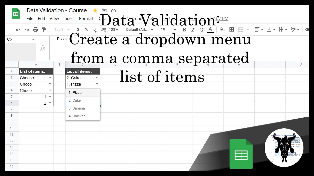 Create a dropdown list from a range of cells: Google Sheets: Data Validation