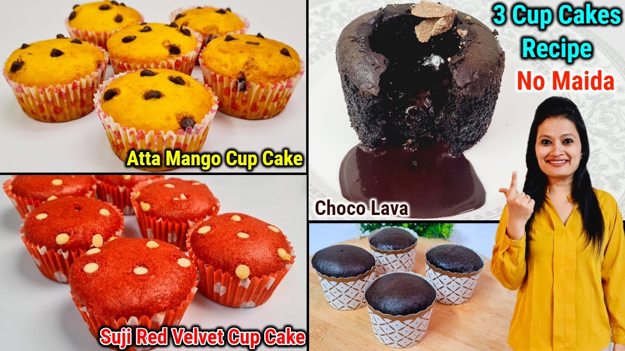 3 Soft Eggless Cup Cakes🧁No Maida -Choco Lava Cup cake,Mango Cup Cake,Red Velvet Cupcake,बिन Butter