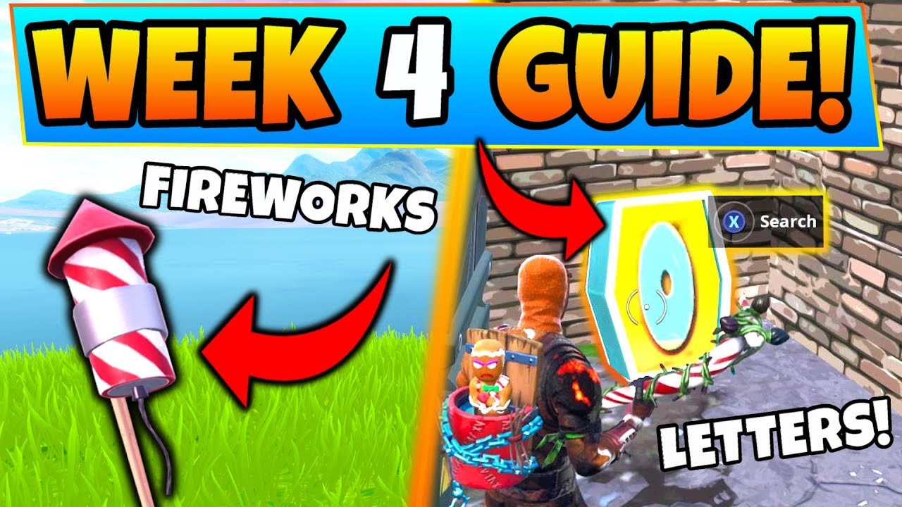 Fortnite WEEK 4 CHALLENGES! - Launch Fireworks Locations, Letter O (Battle Royale Season 7 Guide)