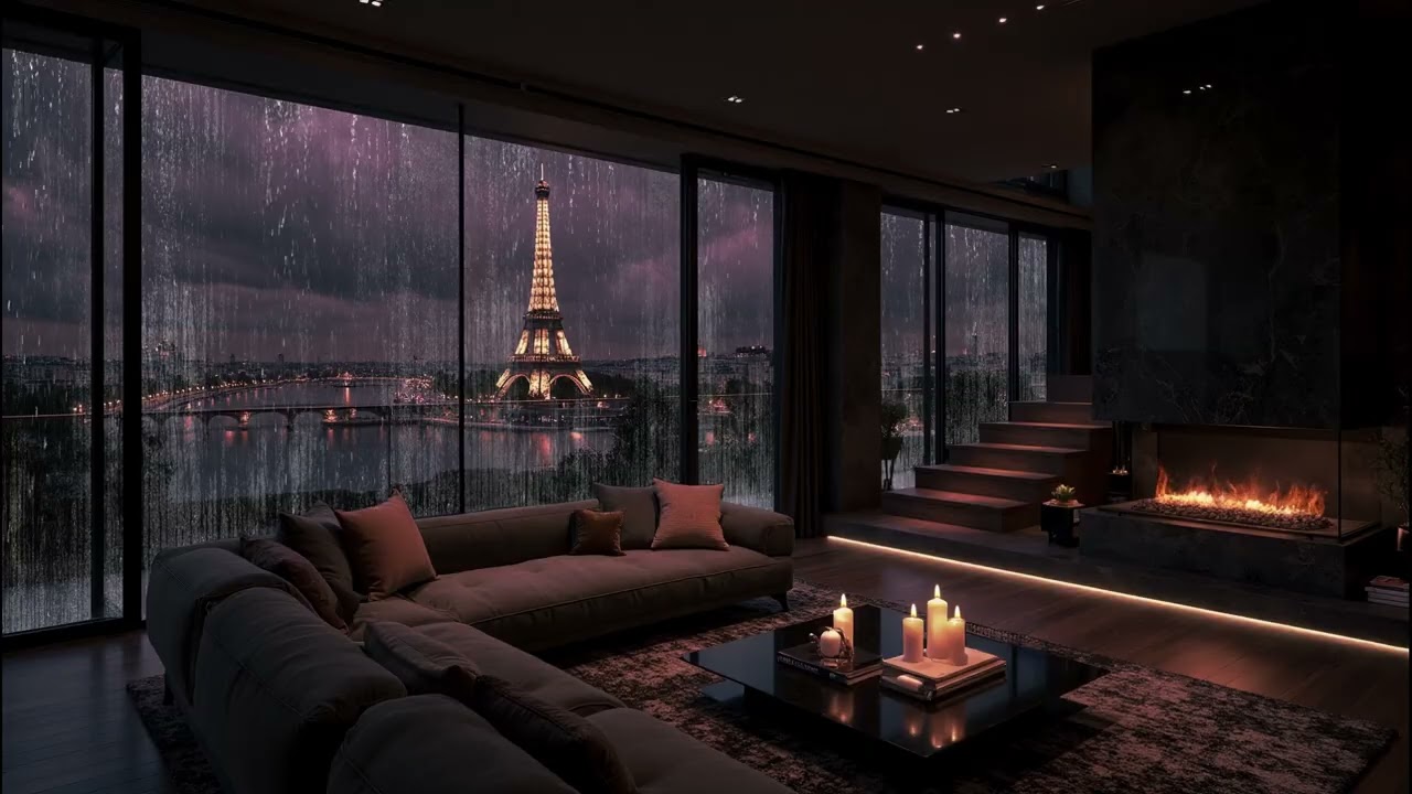 NO ADS ⛈️ Rain on Window & Fireplace Sounds 🌧️ Cozy City Bedroom At Paris for Deep Sleep, Relax