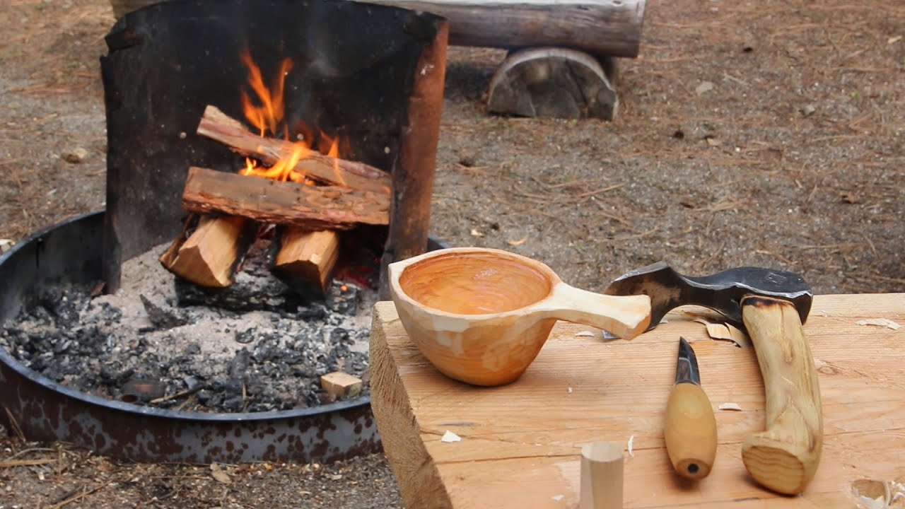 Carving a Wooden Kuksa Cup by the Peaceful Campfire