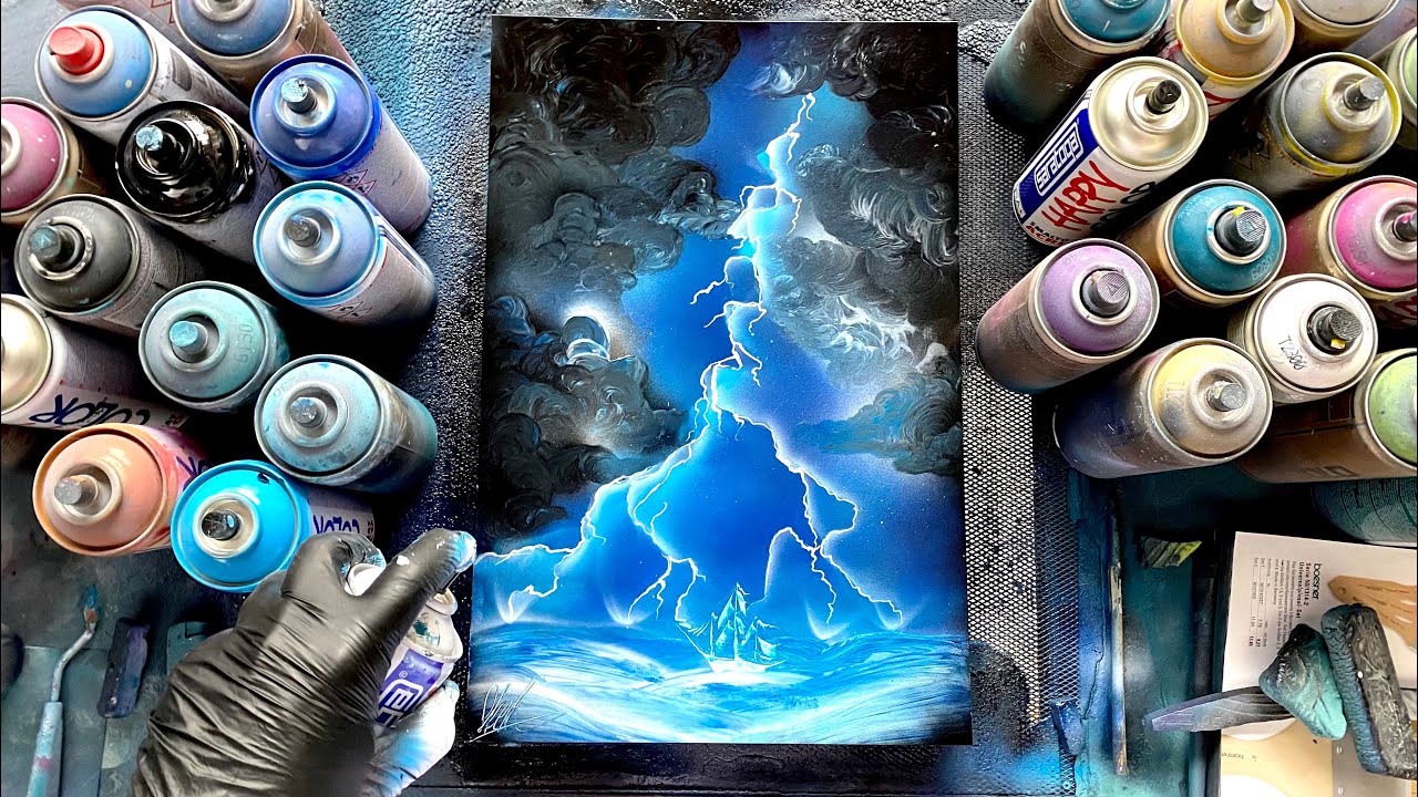 Lightning hitting Stormy Sea - SPRAY PAINT ART - by Skech