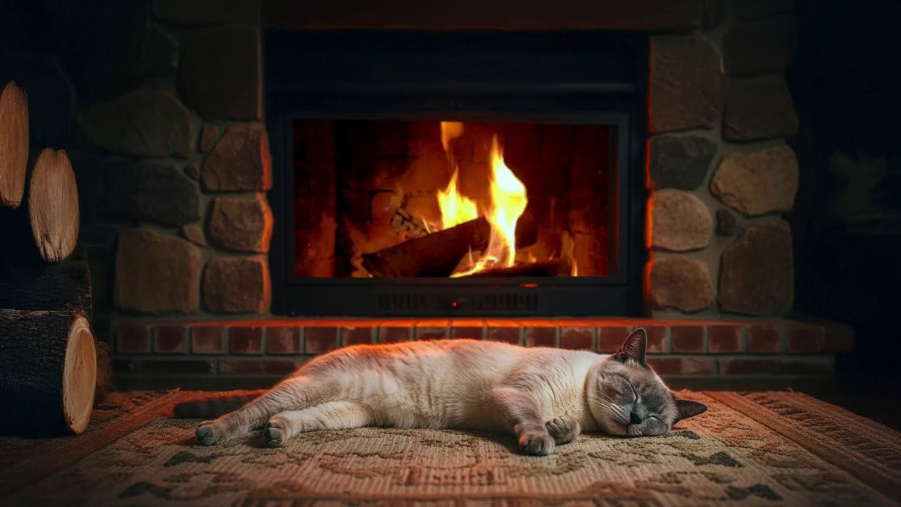 Cozy Cabin Ambience: British Blue Point Cat Nova Sleeping by a Crackling Fireplace (ASMR)