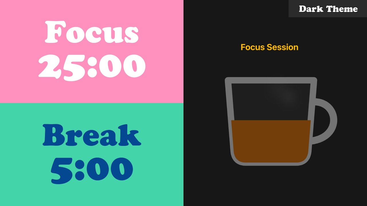 2 Hours Focus Work & Study With Me, 25/5 Minutes Coffee Cup Pomodoro Timer,  No Music 🍀 Dark Theme ⚫