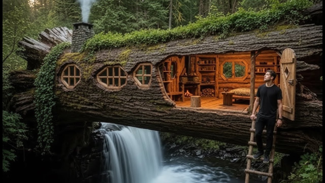 Building a Warm and Cozy Home, in the Log of a Fallen spruce on Waterfall- Secret Bridge Bushcraft!
