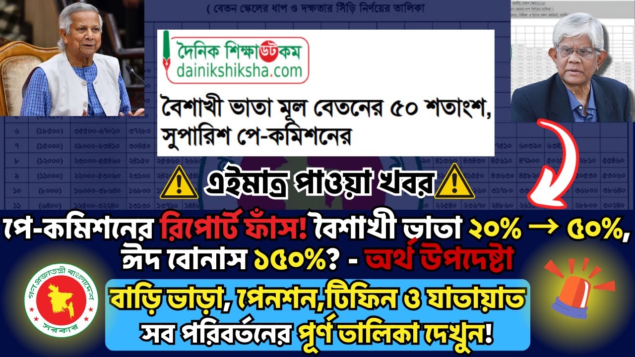 ব্রেকিং🚨পে-কমিশনের রিপোর্ট ফাঁস! বৈশাখী ভাতা ৫০%, ঈদ বোনাস ১৫০%? বাড়ি ভাড়া–পেনশন–টিফিন সব দেখুন!