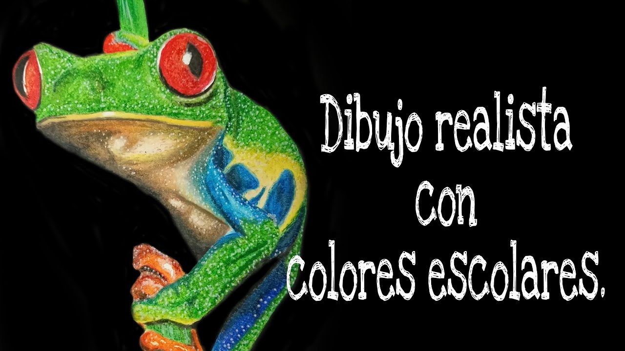 DIBUJO REALISTA DE UNA RANA VERDE CON COLORES ESCOLARES.