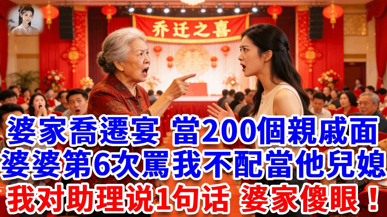 婆家喬遷家宴，當著200個親戚面，婆婆第6次罵我不配當他家兒媳，我二話不說對助理說：查封前夫名下所有房產車輛，終止所有商業合作，索賠8個億！#思妤說故事#為人處世#生活經驗#情感故事
