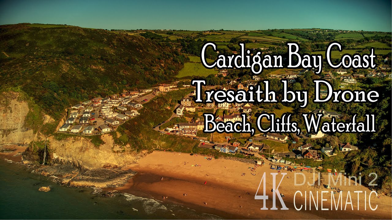 Drone flight around the Cardigan Coastal resort of Tresaith with 4k footage taken on sunny June day