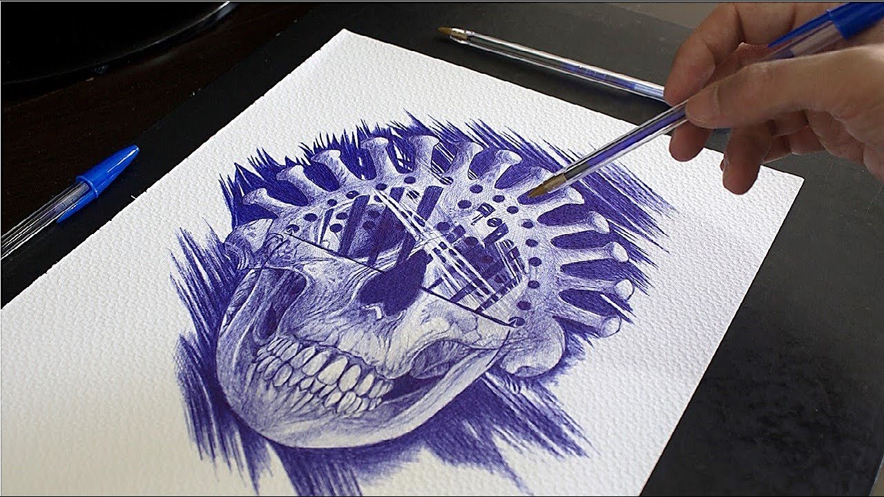 Blue pen ink drawing - Skull - Muisca Culture