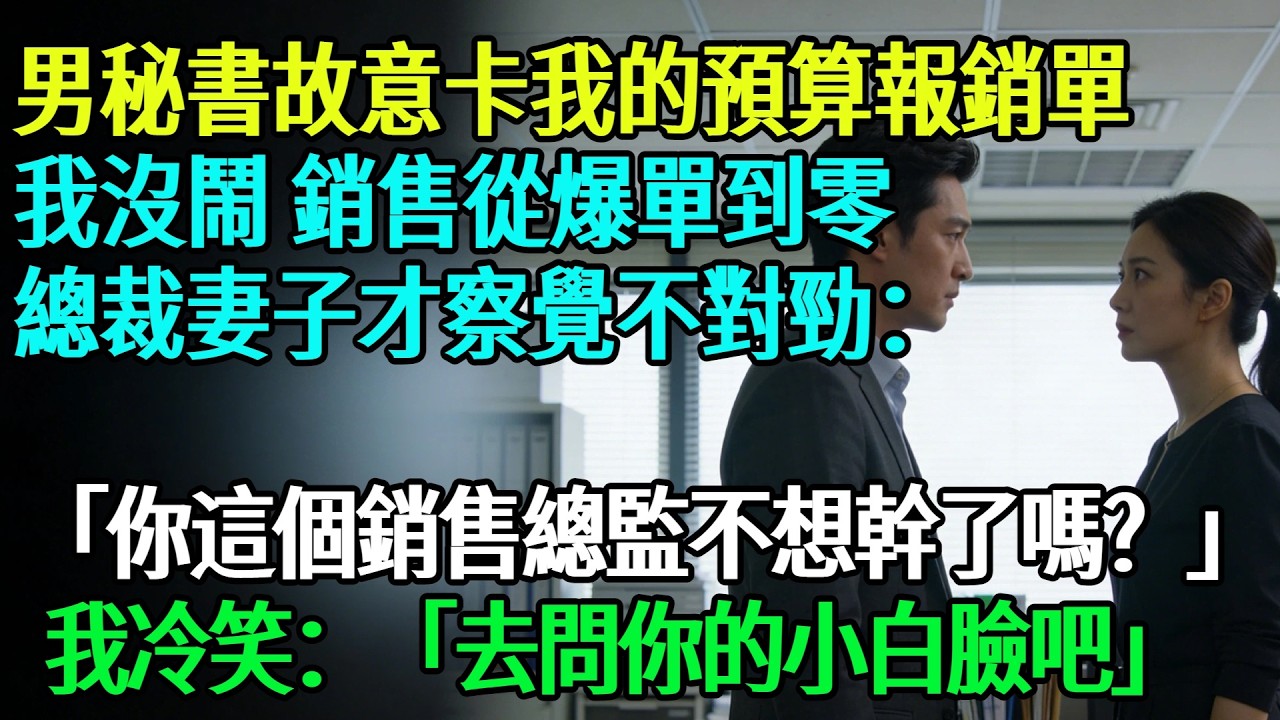 【完結】總裁妻子的男秘書故意卡我的預算報銷單，我沒吵沒鬧，銷售額從爆單到零，總裁妻子才察覺不對勁：「你這銷售總監是不想幹了嗎？」，我冷笑：「去問你的小白臉吧，說連請客戶吃飯的錢都掏不出」#奇聞#故事