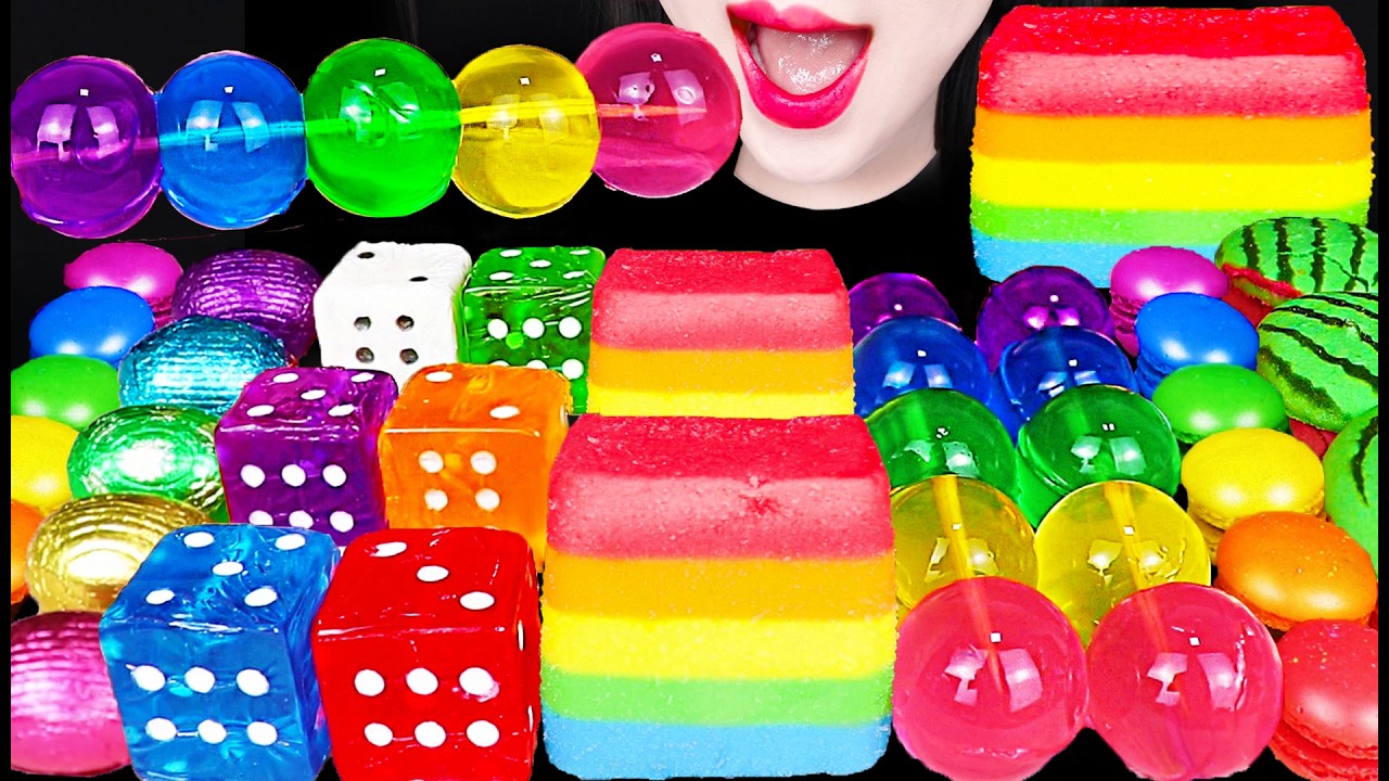 ASMR JELLY BALLS MARSHMALLOW RAINBOW DESSERT 젤리꼬치 주사위 먹방 MUKBANG, EATING