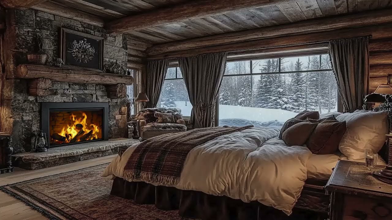 🌲 Quiet Deep Forest Cabin Bedroom | Roaring Fire & Heavy Snow | Stress Relief