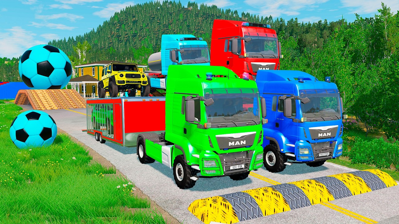 Triple Flatbed Trailer McQueen Transportation with Truck - Speedbumps vs Cars vs Train - BeamNG 0129