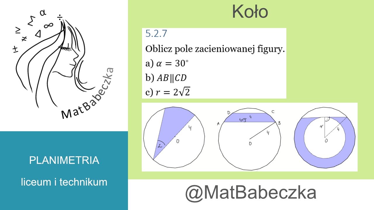 5.2.7 Oblicz pole zacieniowanej figury. a) &alpha;=30 stopni b) AB‖CD c) r=2&radic;2