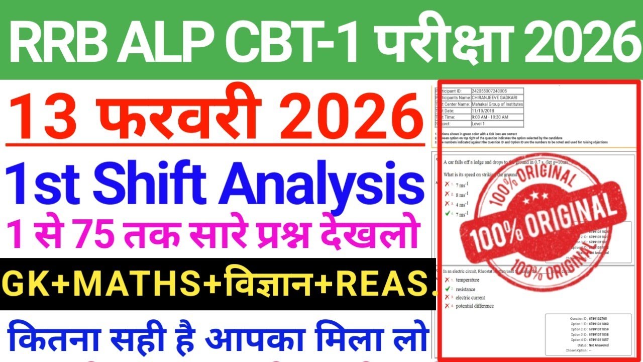 RRB ALP CBT-1 Exam 13 Feb 1st Shift Paper Analysis| RRB ALP 13 February 1st Shift Exam Review 2026