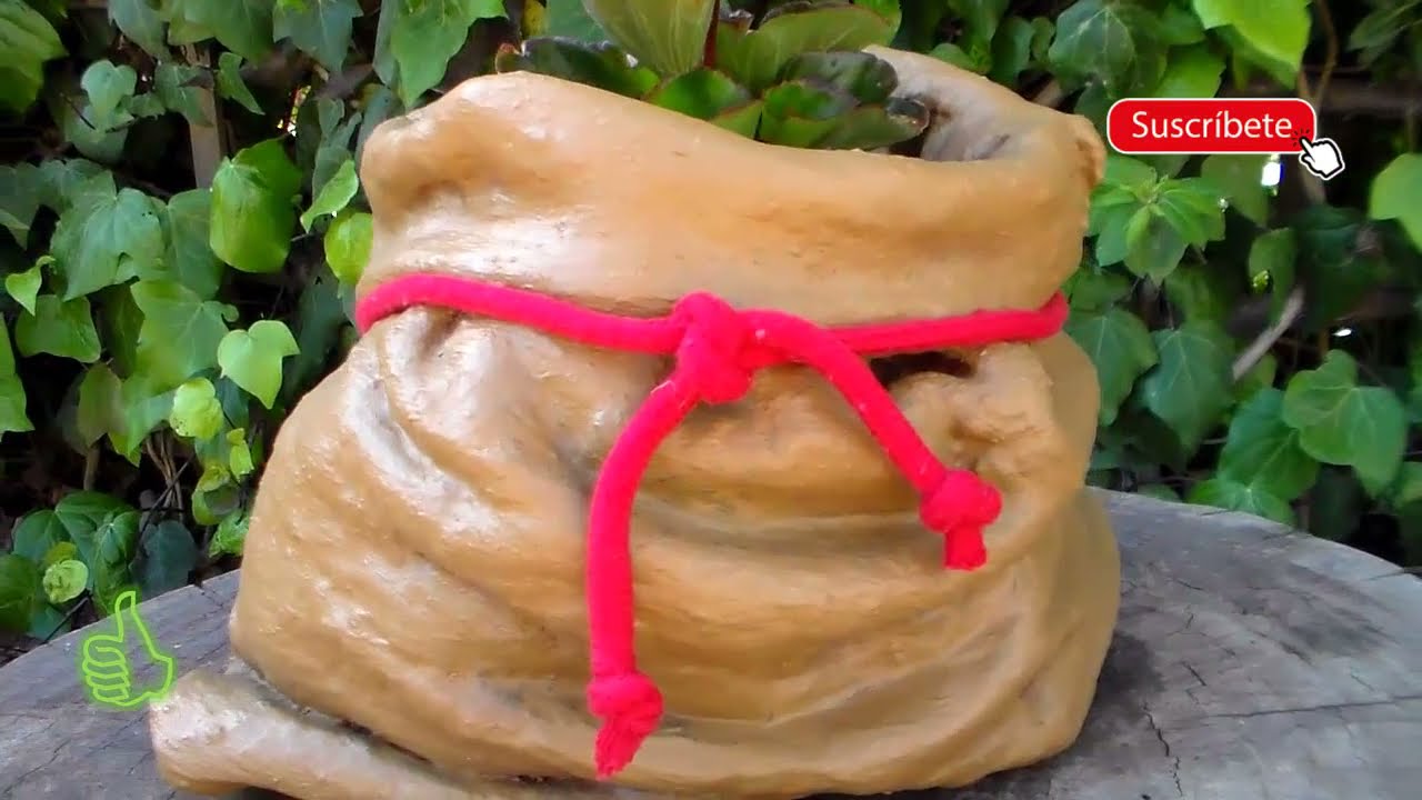 Como hacer maceta con cemento y jeans en forma de costal (bolsa),idea super fácil para el jardín