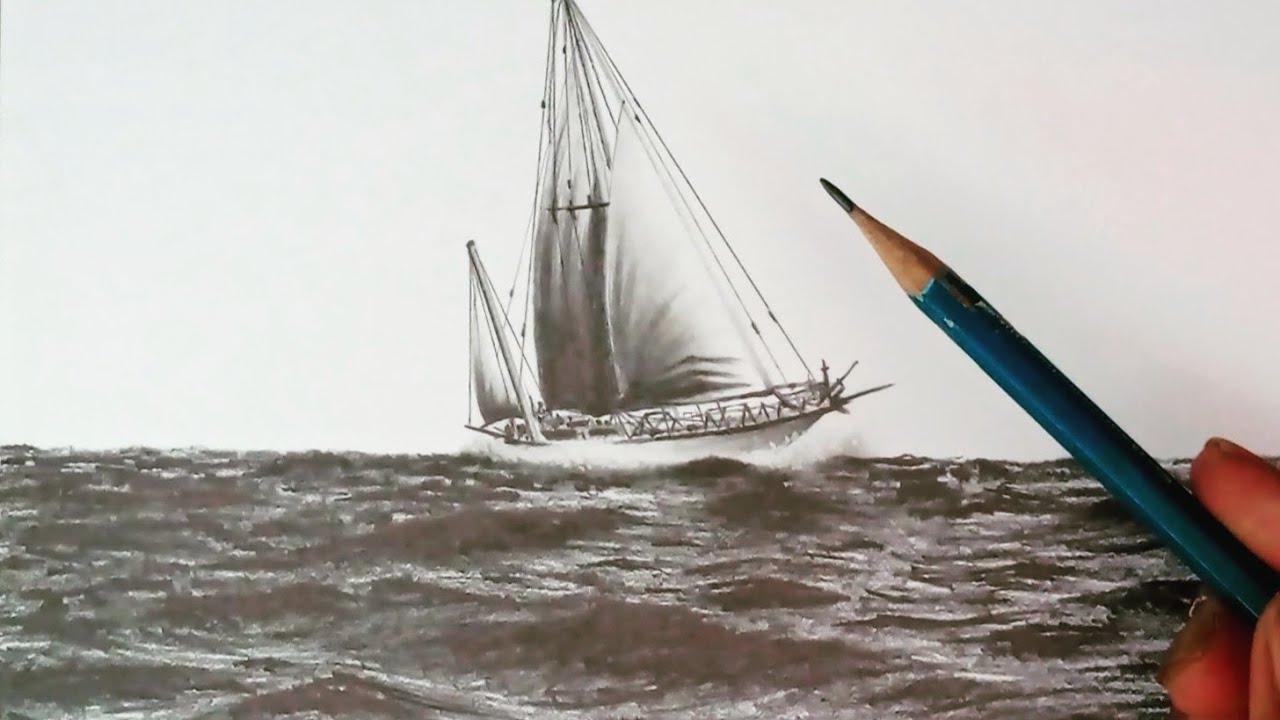 Landscape drawing of a ship floating in the sea easily with graphite pencil.