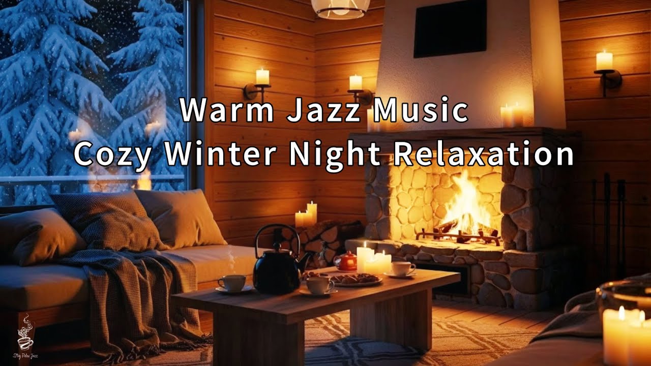Warm Jazz Music & Crackling Fireplace 🔥 Cozy Winter Night Relaxation, Anxiety Relief