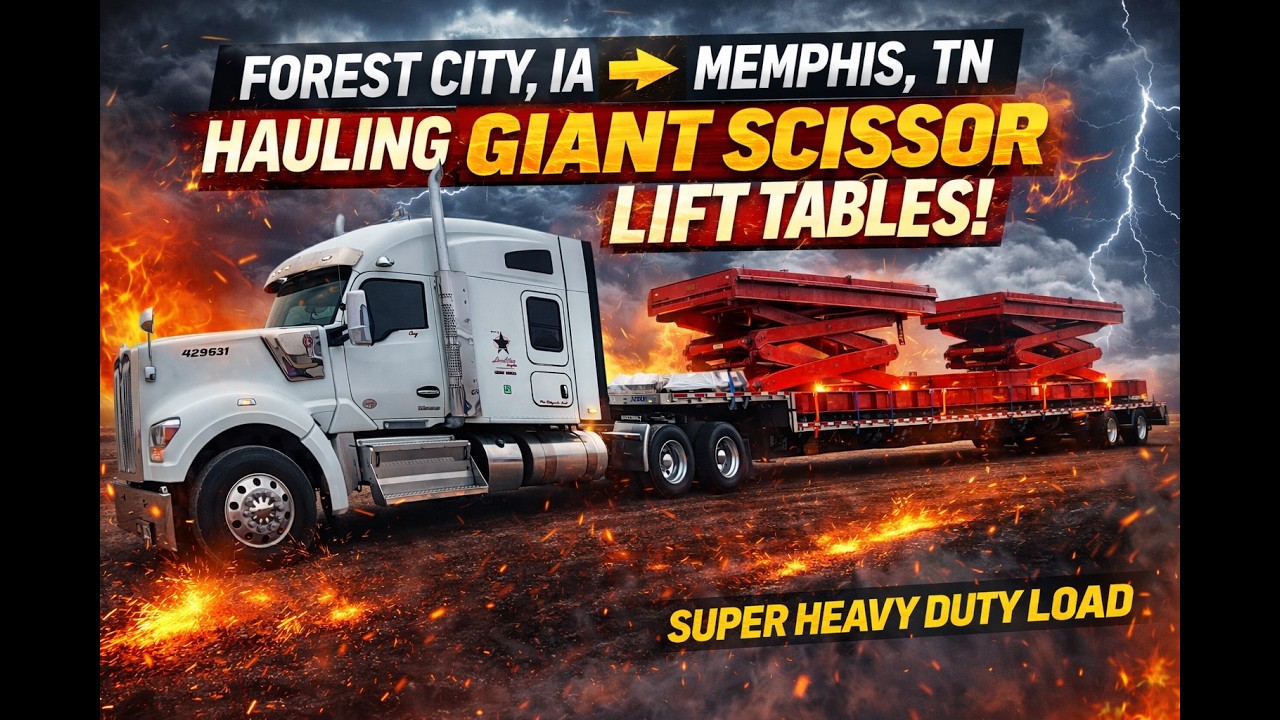 Hauling GIANT Scissor Lift Tables | Forest City IA ➜ Memphis TN Step Deck Load