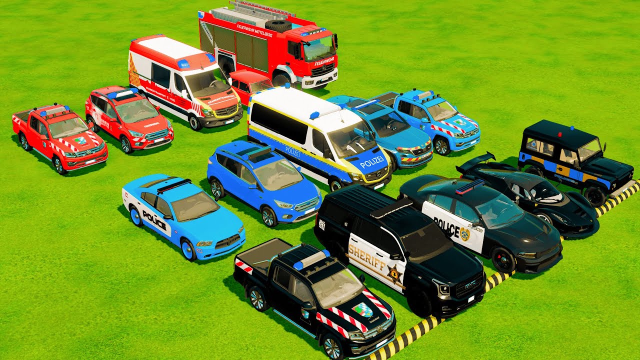 TRANSPORTING POLICE CARS, AMBULANCE, FIRE TRUCK, COLORFUL CARS WITH TRUCK -FARMING SIMULATOR 22!