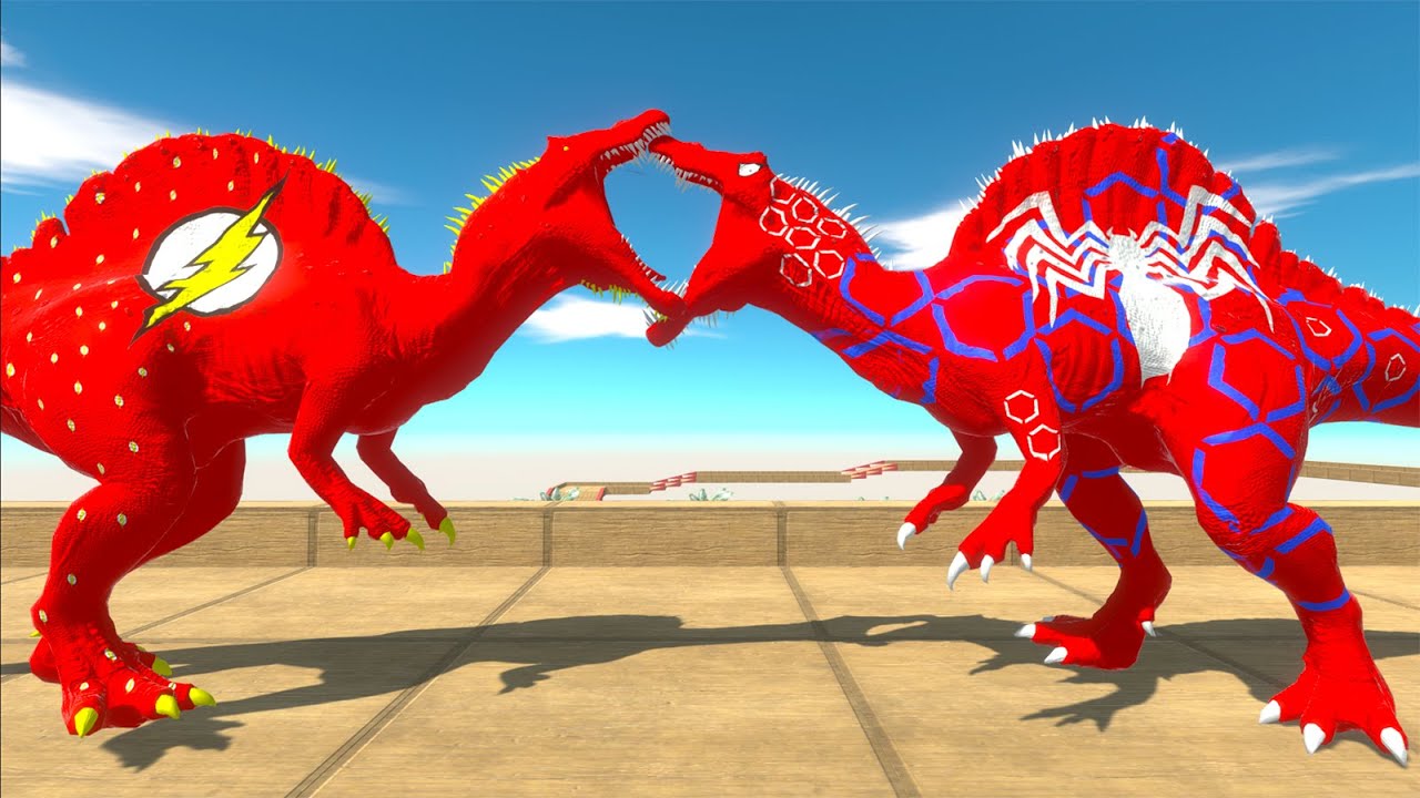 FLASH SPINOSAURUS vs SPIDERMAN SPINOSAURUS DEATH CLIMB -Animal Revolt Battle Simulator