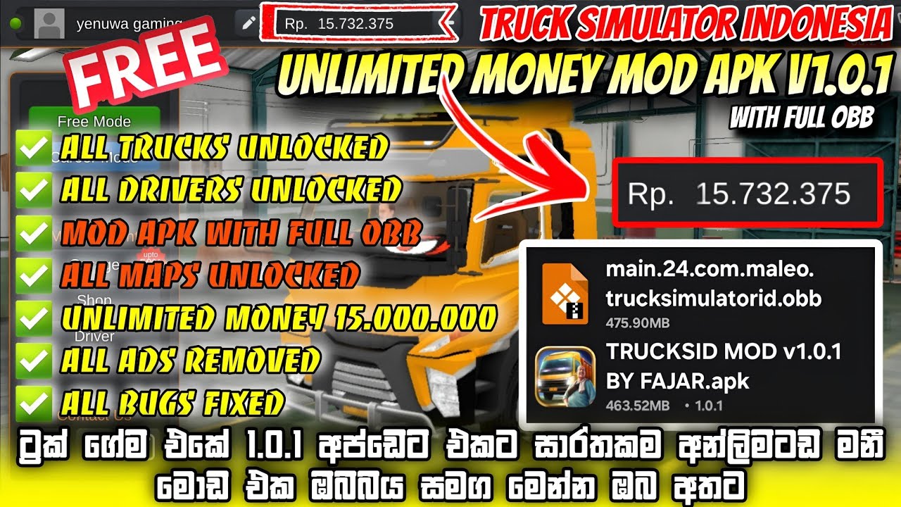 Truck simulator indonesia v1.0.1 update unlimited money mod APK+OBB || trucks and drivers unlocked
