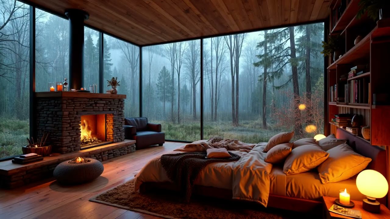 Gentle Rain Sounds with Warm Fireplace | Deep Relaxation and Stress Relief for Better Sleep