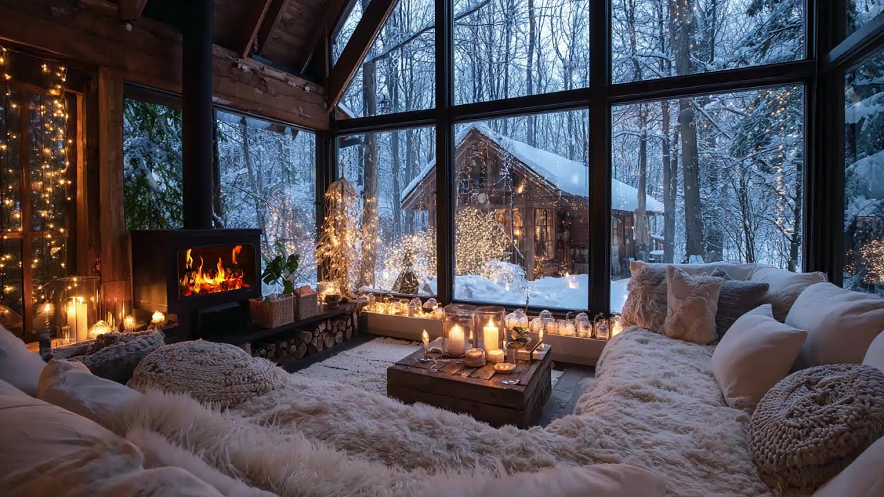 The Melodious Winter Piano Tunes And The Fire From The Fireplace Create A Cozy Atmosphere.