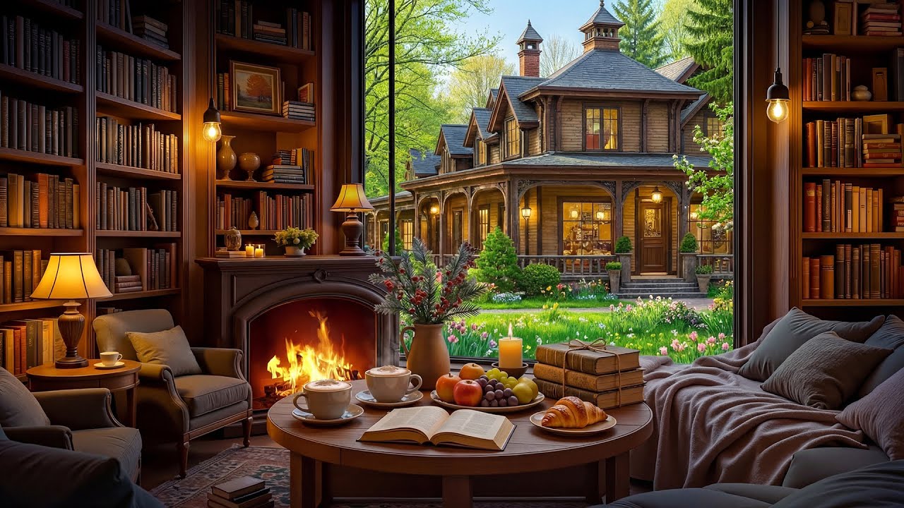 Peaceful Spring Coffee Shop 🌸 Soft Jazz Piano & Fireplace Sounds for Study & Focus