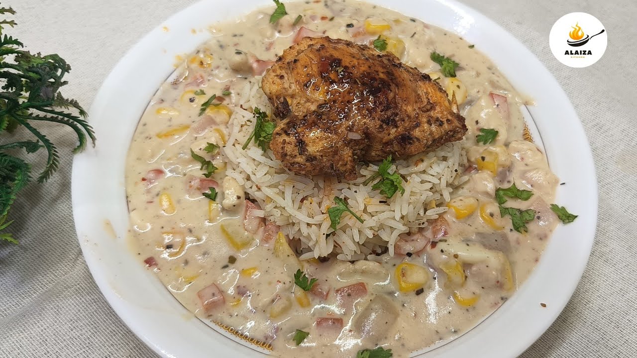 Creamy Chicken Rice Bowl | Spicy Chicken With Creamy White Sauce And Herbs Rice | Alaiza Kitchen 