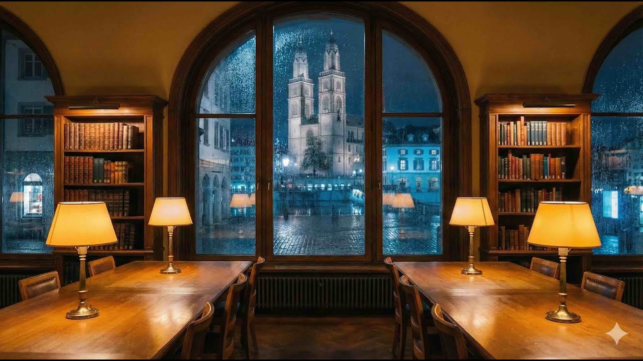 No Mid-Roll Ads | 1Hour Quiet Library Ambience in Rainy Zurich | Deep Focus Study Music