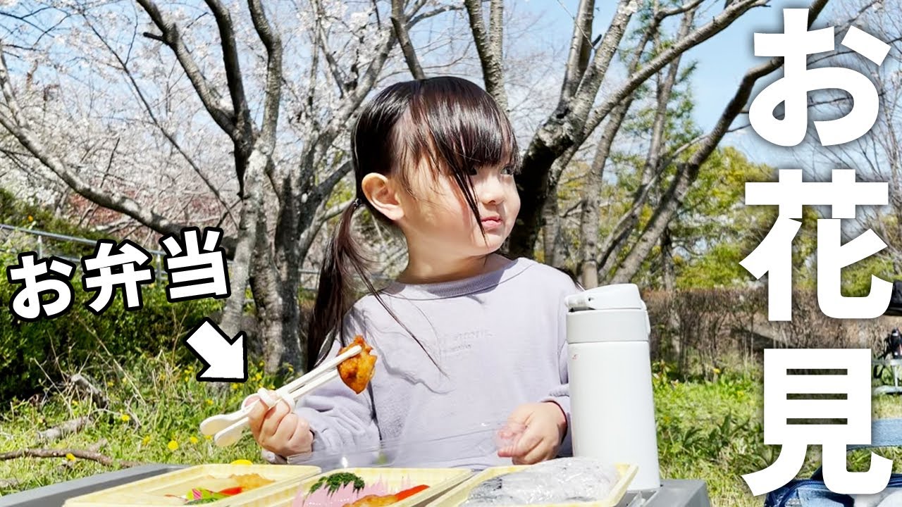 はじめてのお花見ピクニック。のんびりと外で食べるお弁当にご満悦の3歳娘