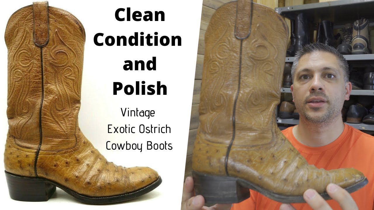 Cleaning Conditioning and Polishing a pair of Vintage Ostrich Boots - ASMR