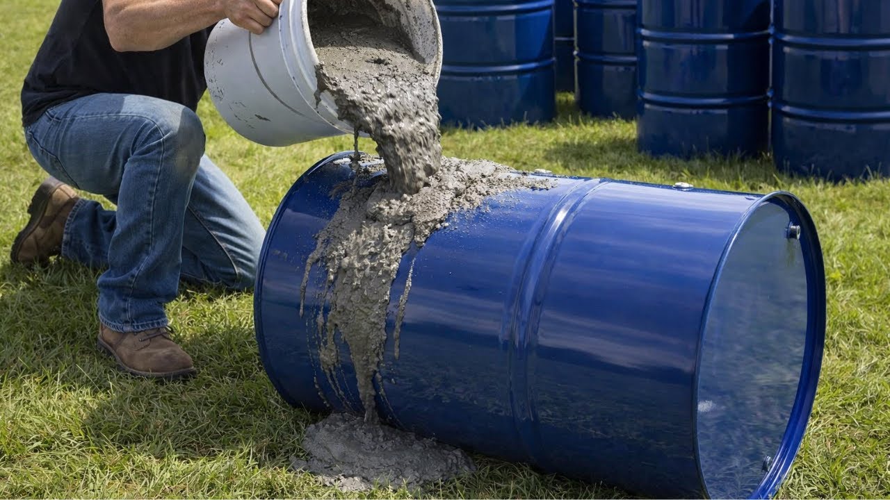 Pouring cement into a steel barrel // Amazing creative and easy flower pot artwork