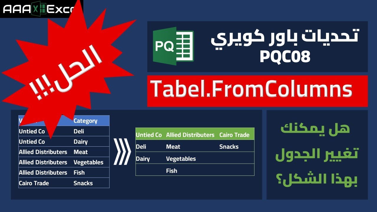 تمارين باور كويري | حل التحدي ٨ | تغيير شكل الجدول | Table.FromColumns (PQC08)