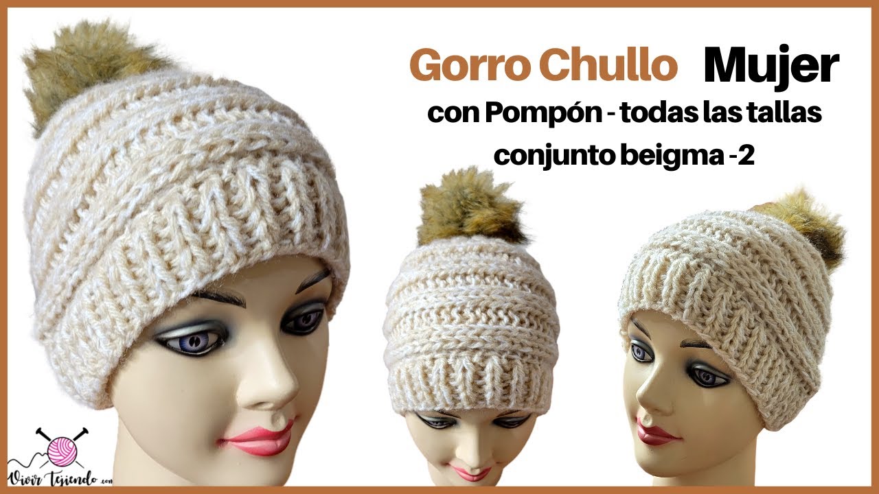 Preciosos tejidos originales a DOS AGUJAS – Gorro Chullo Mujer a Palitos Lana Matizada y Pompón