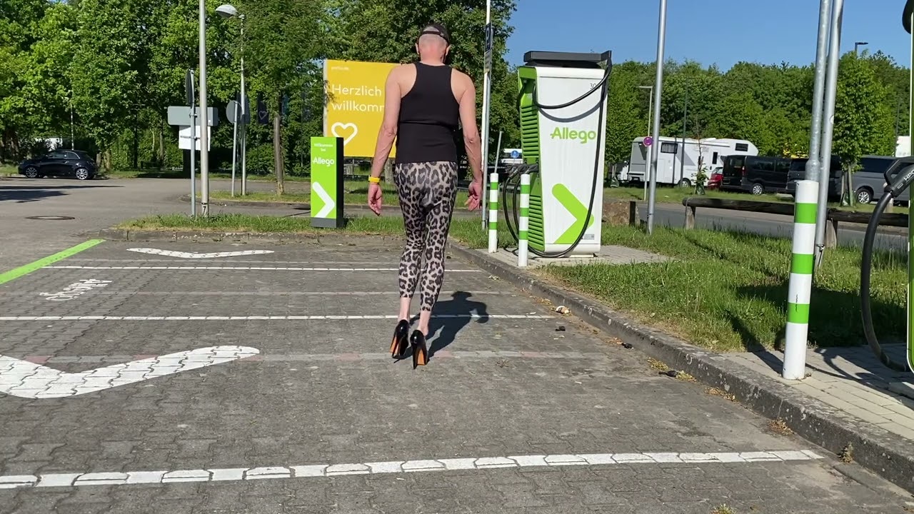 Leopard Leggings High Heels Allego Charging Crossdresser Onlymaker ASMR Public