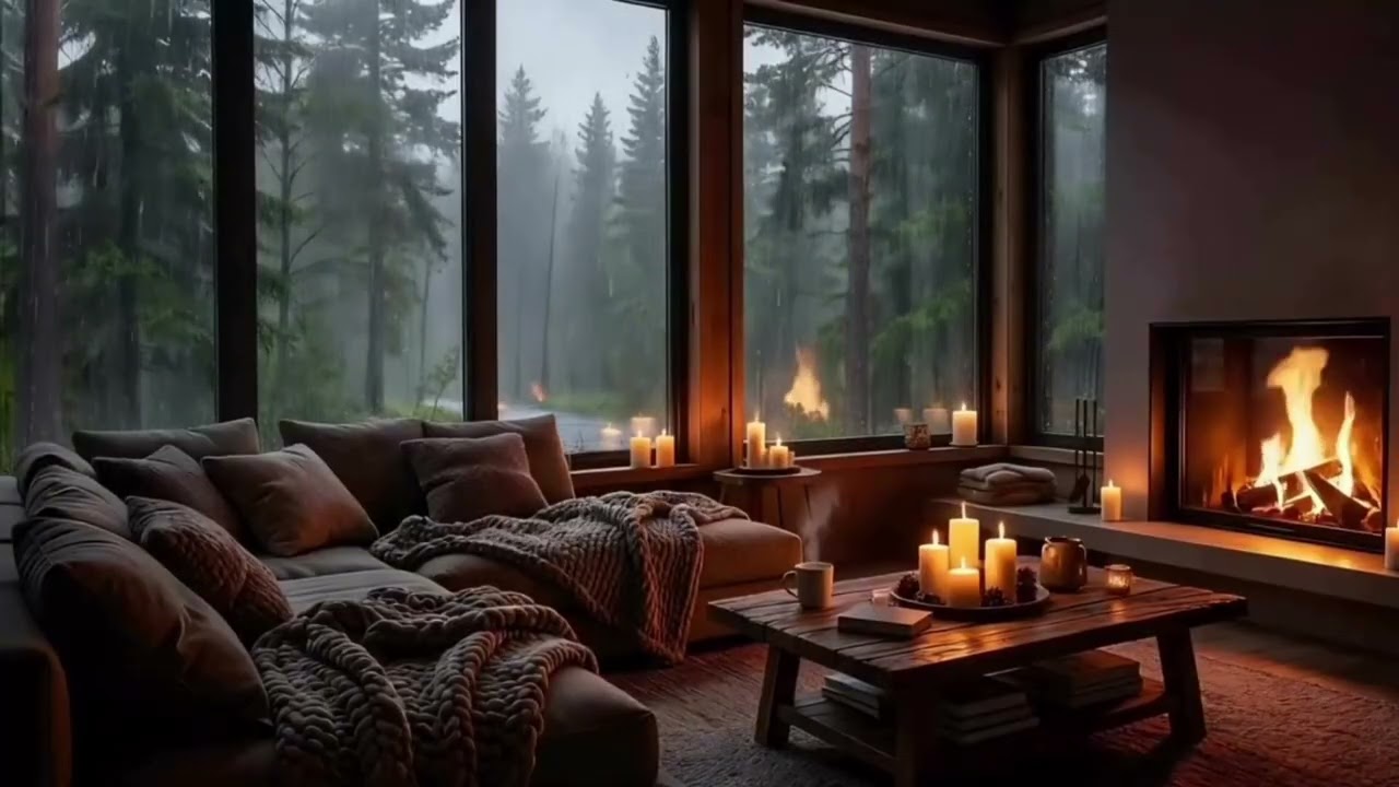 Cozy Rain Night in a Forest Cabin 🌧️ Fireplace & Candle Ambience for Deep Sleep, Study & Relaxation