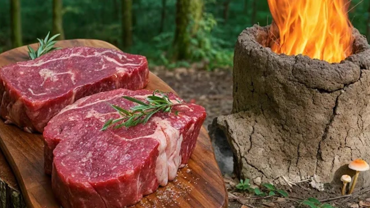 primitive cooking juicy steak outdoor🔥🥩 #asmrcooking #meat #steak #cooking #primitive #outdoor