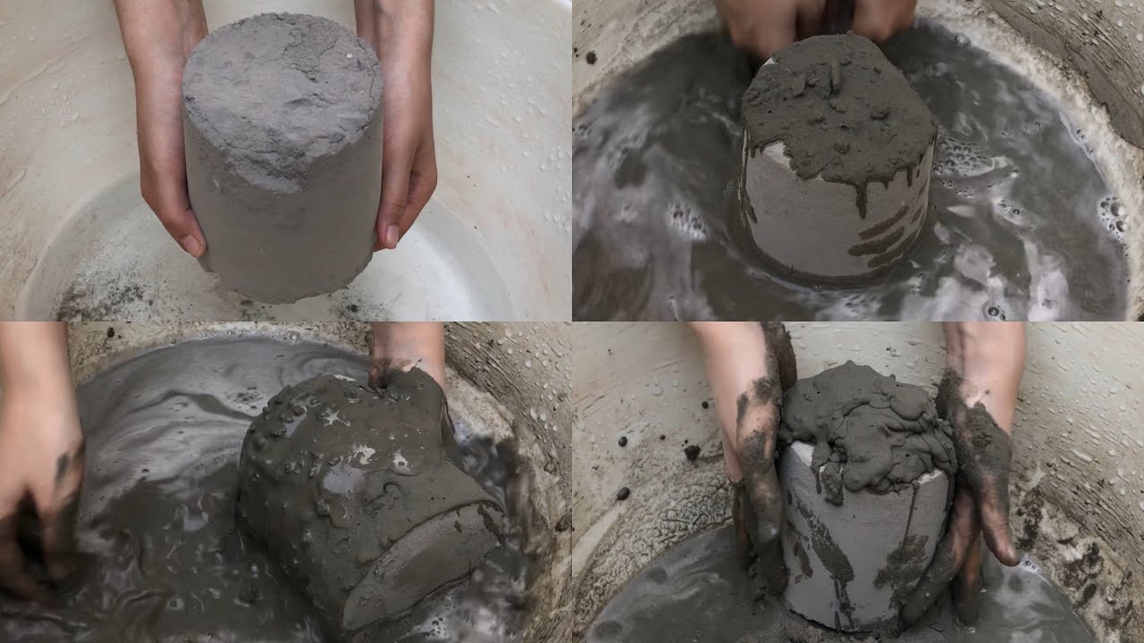 Super soft pure cement shapes dipping and crumbling  in water