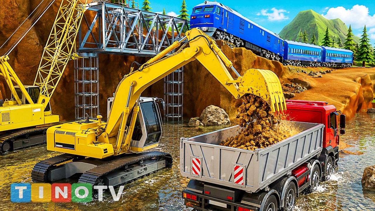 Excavator Crawler Crane and Construction Trucks Animation | Railway Bridge Repair Simulation