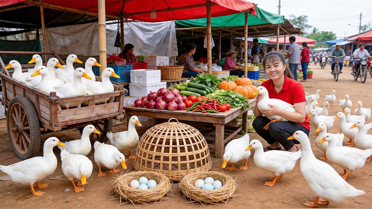Cosecha de 1200 patos con un vehículo de tres ruedas | Venta en el mercado rural y compra de patitos