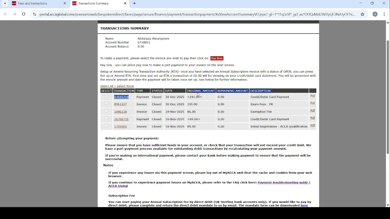 How to make the annual subcription fee for ACCA account