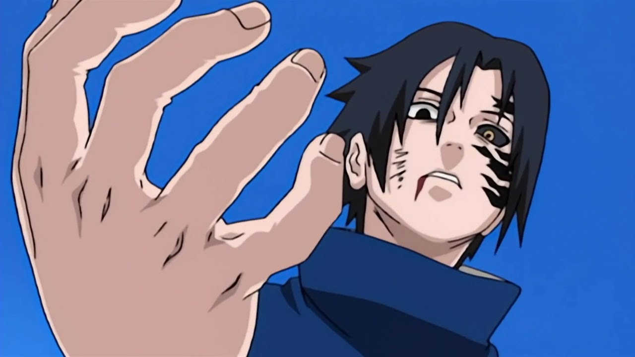 Sasuke releases the power from Orochimaru's seal, Sasuke's eyes turn into Sharingan 3 tomoe.