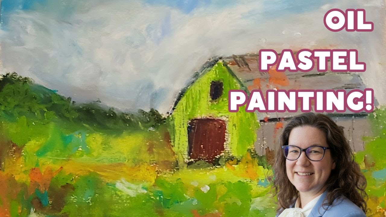 Modern Colors Barn Landscape Oil Pastel Painting